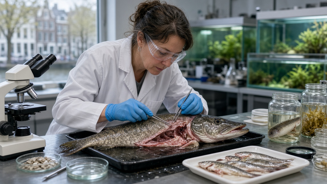 Ichthyoloog onderzoekt snoekbiologie en lengteklasse tijdens veldwerk in Amsterdam zoetwater