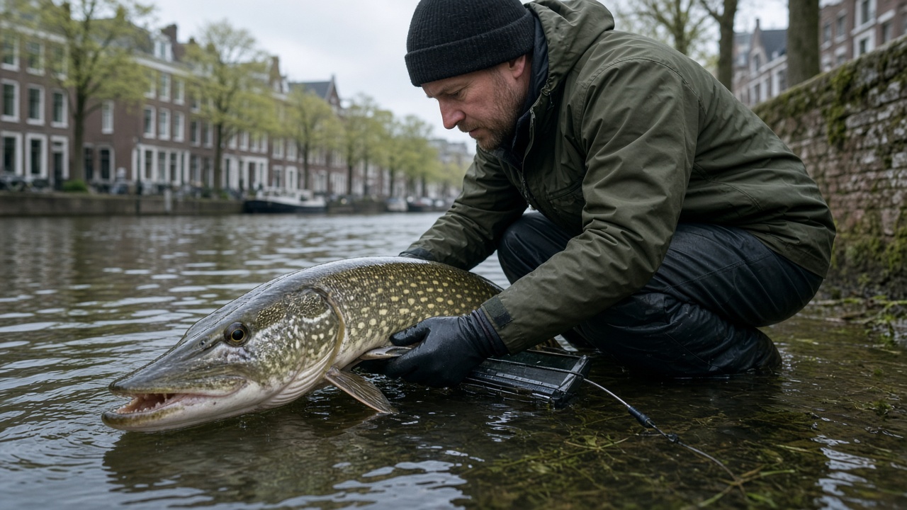 Onderzoeker observeert snoekgedrag en watertemperatuur langs de Amstel bij Amsterdam tijdens ecologisch veldwerk