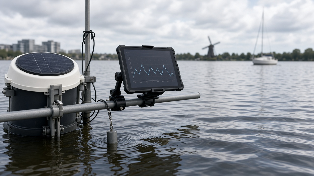 Digitale watertemperatuurmeting in zoetwater langs de Amstel bij Amsterdam voor visgedraganalyse