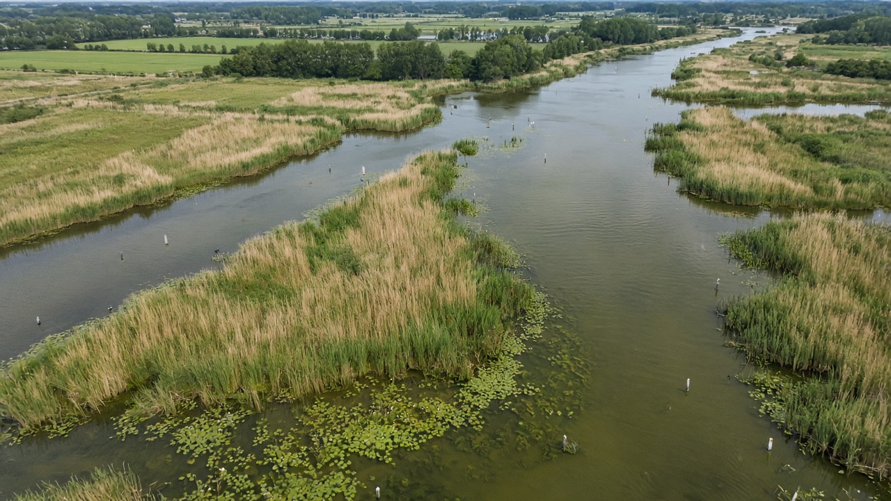 Ecologisch onderzoeker meet waterkwaliteit en vishabitat langs de Amstel bij Amsterdam in de ochtend